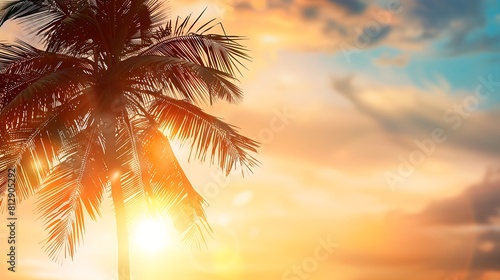 Copy space of silhouette tropical palm tree with sun light on sunset sky and cloud abstract background Summer vacation and nature travel adventure concept Vintage tone filter effect co : Generative AI