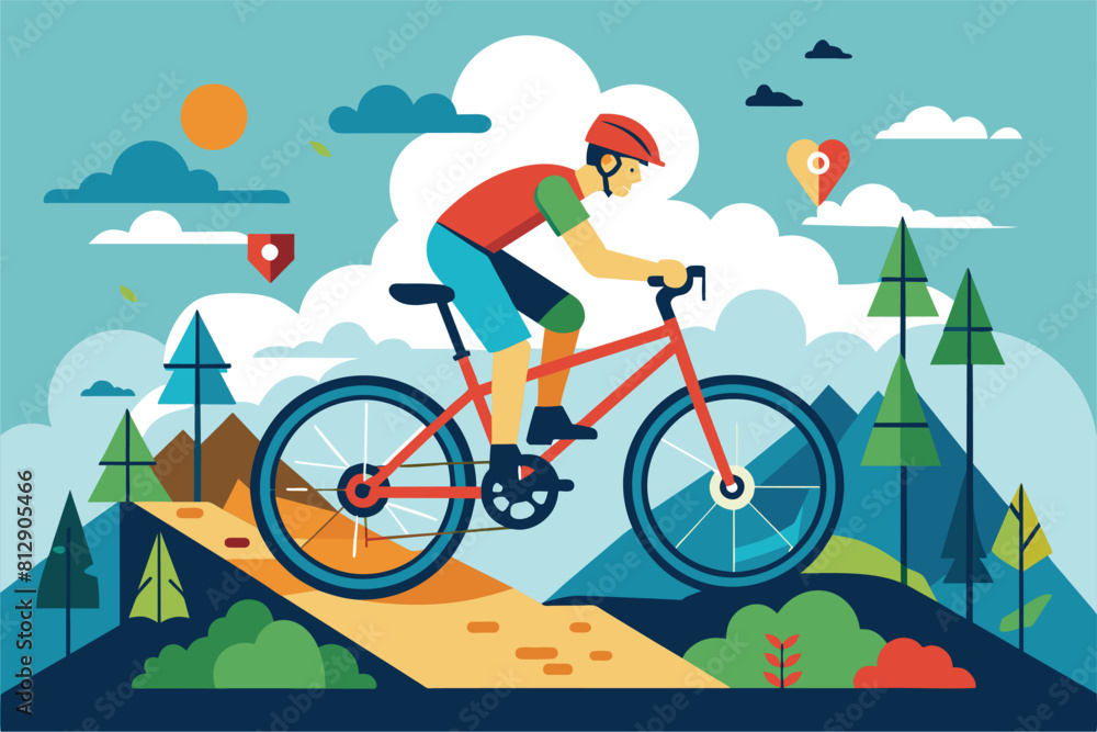 Fototapeta premium A person in motion rides a bike along a path, Bike trial Customizable Flat Illustration