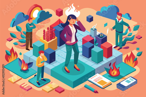 A man standing confidently on a stack of cardboard boxes in a warehouse setting, Blaming Customizable Isometric Illustration