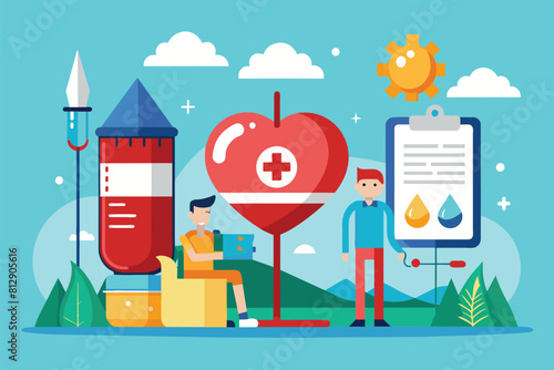 A man and a woman standing beside a heart symbol, possibly representing love or health support, Blood donation Customizable Semi Flat Illustration