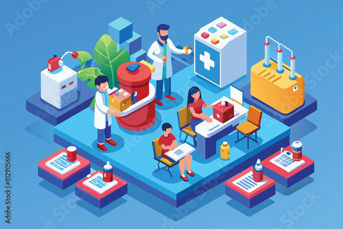 A diverse group of individuals sitting around a table engaged in conversation and activities  Blood donation Customizable Isometric Illustration