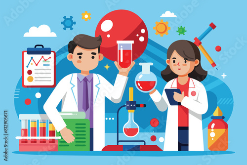 A man and woman in lab coats holding a beakle, conducting blood research in a customized cartoon illustration, Blood research Customizable Cartoon Illustration