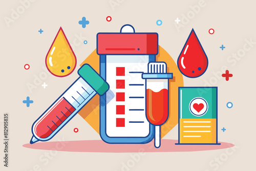 A syringe drawing blood from a vein with a blood drop visible, Blood test Customizable Semi Flat Illustration