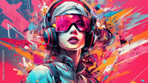 Trendy art paper collage design of a cyberpunk 80s color themed music festival, vibrant and full of energetic vibes