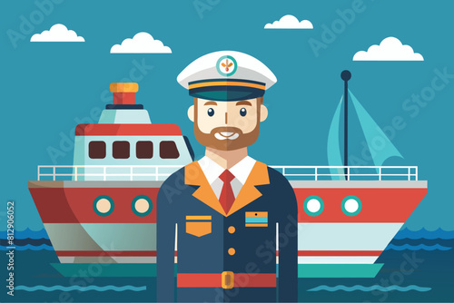 A man in uniform stands confidently in front of a boat, Boat captain Customizable Disproportionate Illustration