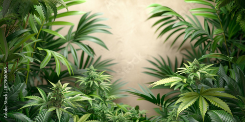 Lush Tropical Greenery and Cannabis Plants on Earthy Background