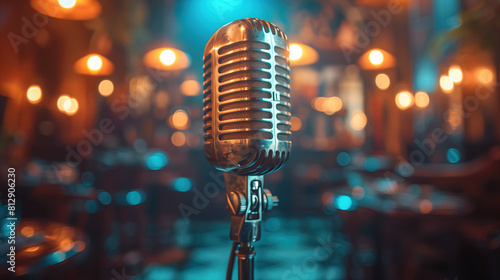 Microphone 90s Singing at night, dim lights, restaurant or bar, background cover singing music photo