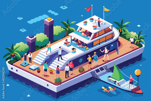 A boat with passengers onboard floats on the water, Boat party Customizable Isometric Illustration