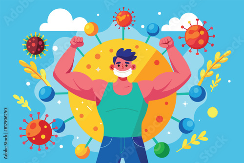 A man standing in front of a plain blue background  Boost your immune system Customizable Disproportionate Illustration