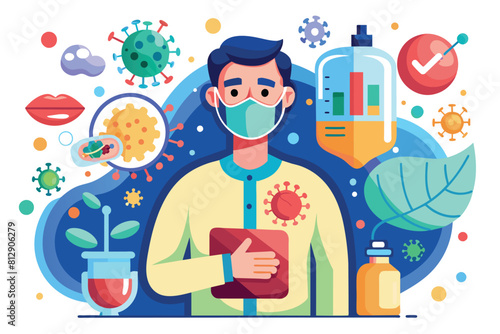A man wearing a face mask, holding a book in hand, Boost your immune system Customizable Flat Illustration