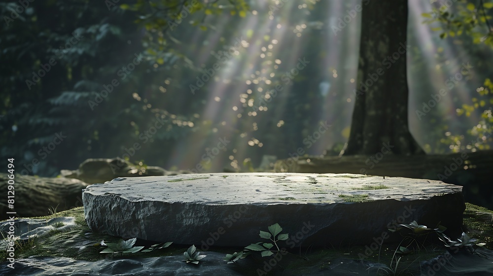 Flat stone podium in the magical forest empty round stand background : Generative AI Flat stone podium in the magical forest empty round stand background : Generative AI