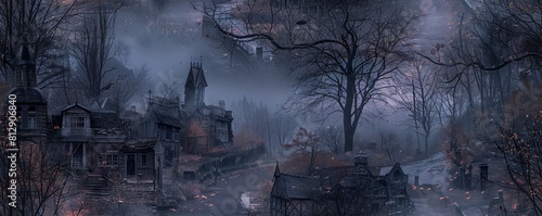 Capture a surreal haunted street scene from a worms-eye view Incorporate eerie shadows