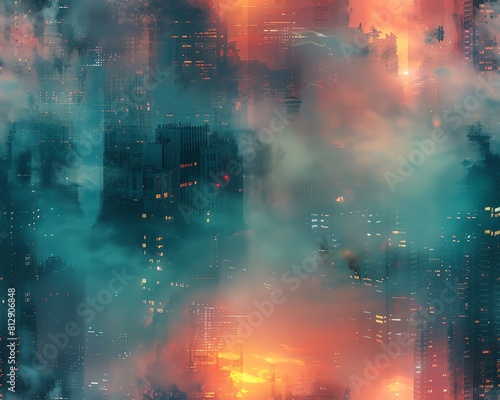Capture a wide-angle view of a dystopian cityscape painted in soft, dreamy Impressionistic strokes, with unexpected camera angles to convey surreal depth and unease