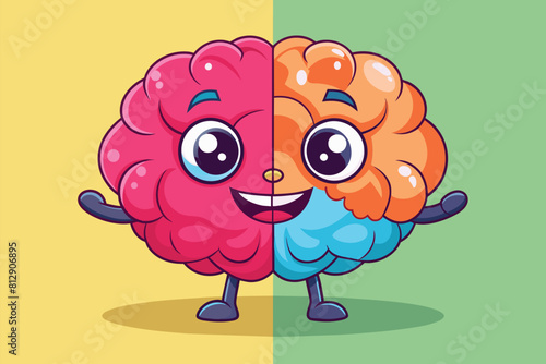 Two halves of a cartoon brain each with eyes and hands, illustrating brain functions and connections, Brain sides Customizable Cartoon Illustration