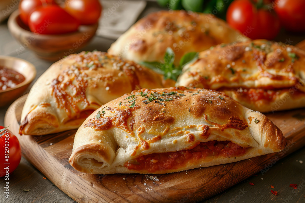 Freshly Baked Stuffed Calzones on Wooden Board with Tomato Sauce Dip Freshly Baked Stuffed Calzones on Wooden Board with Tomato Sauce Dip