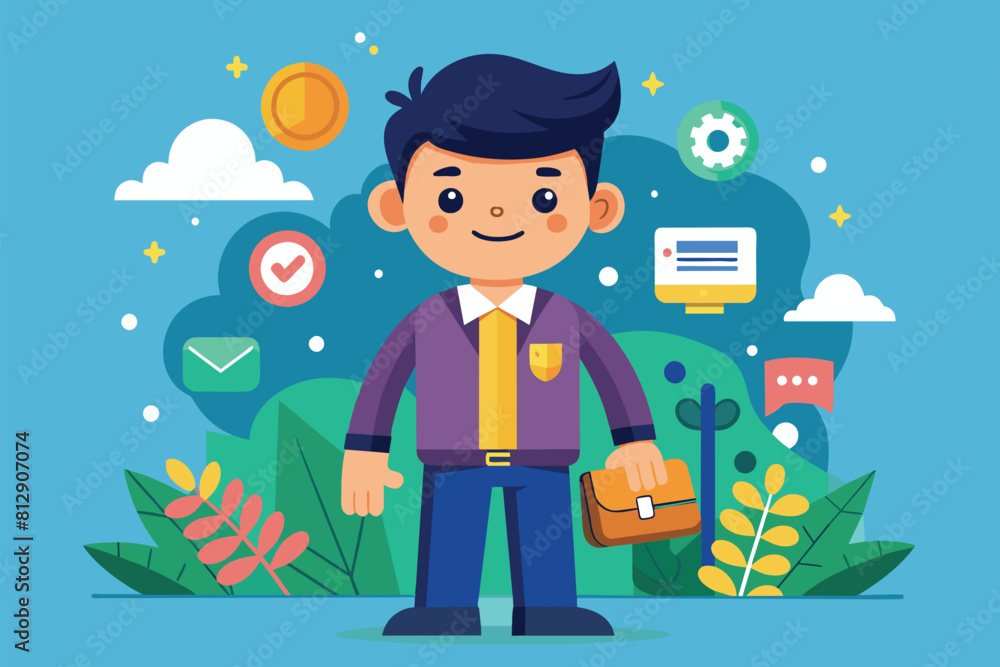 A smiling cartoon businessman holds a briefcase outdoors, Brand communication Customizable Cartoon Illustration A smiling cartoon businessman holds a briefcase outdoors, Brand communication Customizable Cartoon Illustration