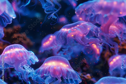 Capture the enchanting dance of bioluminescent sea creatures from a birds-eye view Render the underwater world with extraordinary lighting techniques to create a mesmerizing fusion