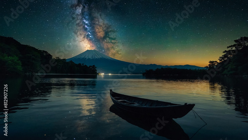 a wild scene filled with mystery and a man fishing on a small schooner in fantastical purple moonlight reflecting off a bright vibrant blue lake reflecting  © Noman
