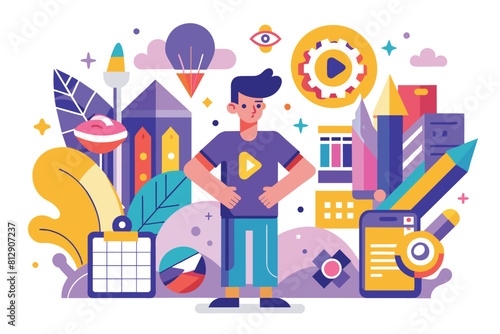 A man stands in front of a vibrant, colorful background, creating a striking contrast, Brand construction Customizable Disproportionate Illustration