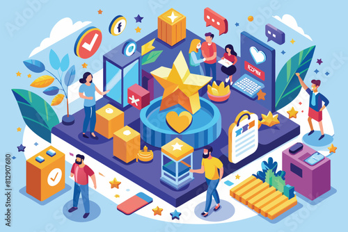 A group of people standing around a star, looking intrigued and curious, Brand loyalty Customizable Isometric Illustration