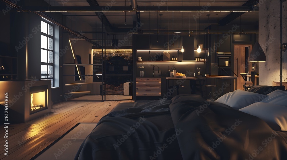 luxury studio apartment with a free layout in a loft style in dark colors Stylish modern kitchen area with an island cozy bedroom area with fireplace and personal gym : Generative AI luxury studio apartment with a free layout in a loft style in dark colors Stylish modern kitchen area with an island cozy bedroom area with fireplace and personal gym : Generative AI