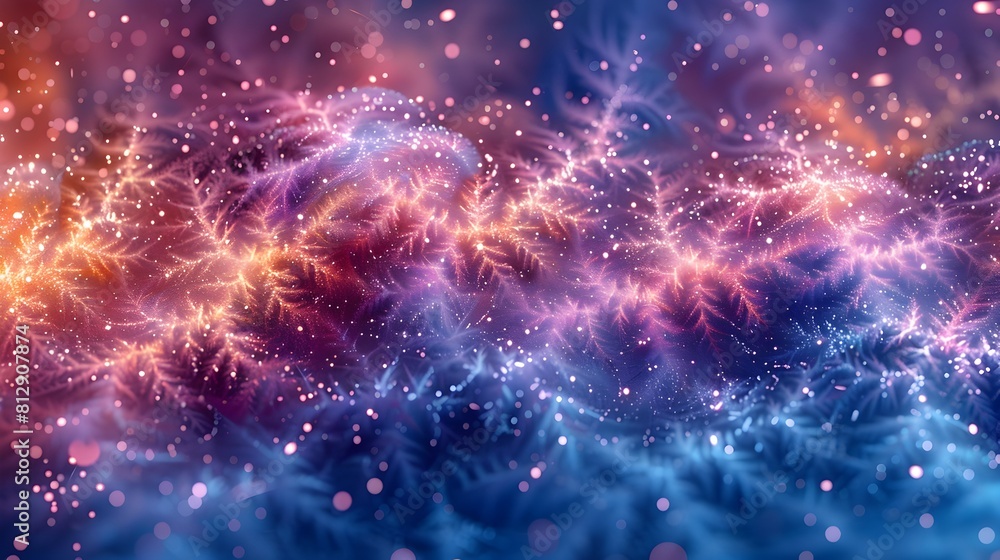 Mesmerizing Cosmic Explosion of Teal and Lilac Snowflakes in a Digital Mesmerizing Cosmic Explosion of Teal and Lilac Snowflakes in a Digital