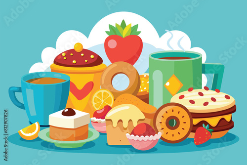 Various breakfast foods displayed on a table in a customizable cartoon illustration, Breakfast food Customizable Cartoon Illustration