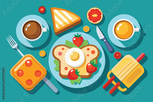 A plate with toast, fruit slices, and a cup of coffee on a table, Breakfast food Customizable Flat Illustration