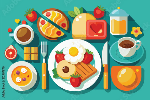 A plate filled with breakfast food items, such as eggs, bacon, toast, and coffee, placed on a wooden table, Breakfast food Customizable Flat Illustration