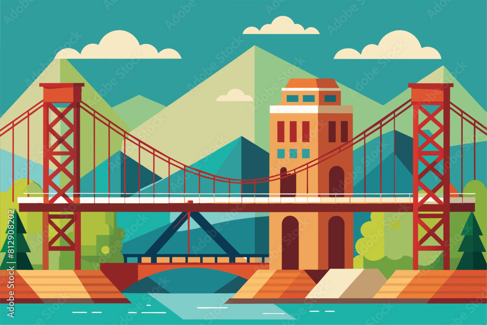 Bridge over water with mountains in background, Bridge construction Customizable Flat Illustration Bridge over water with mountains in background, Bridge construction Customizable Flat Illustration