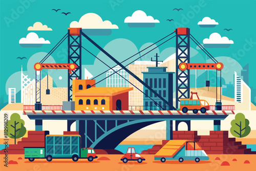 Cars and trucks moving across a bridge with traffic in a bustling city scene, Bridge construction Customizable Disproportionate Illustration