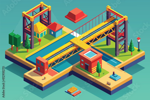 Colorful illustration depicting a bustling train station with trains, passengers, and platforms, Bridge construction Customizable Isometric Illustration