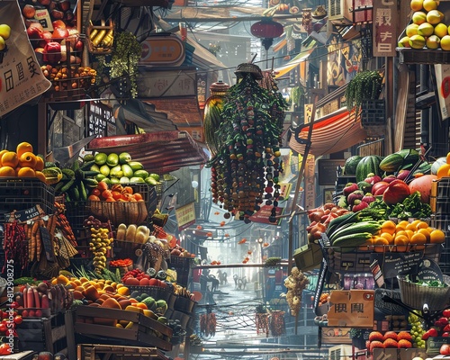Design a digital artwork featuring a post-apocalyptic street market filled with mutated fruits and vegetables Show the clashes of organic and artificial elements in a vibrant dysto