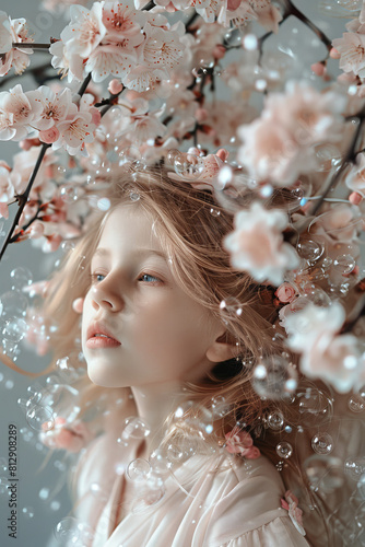 Serene Young Girl in Spring Blossom Fantasy
