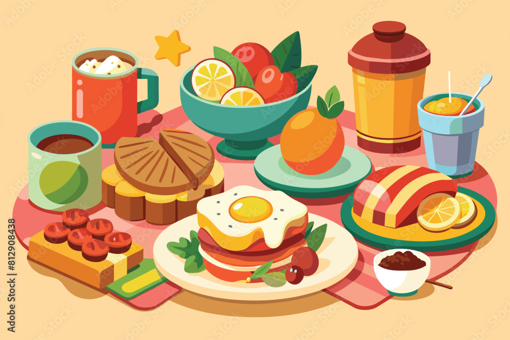 Various dishes of food arranged on a table for a brunch setting, Brunch food Customizable Disproportionate Illustration Various dishes of food arranged on a table for a brunch setting, Brunch food Customizable Disproportionate Illustration