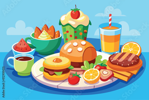 A customizable cartoon illustration featuring a plate of food and drinks on a table, Brunch food Customizable Cartoon Illustration
