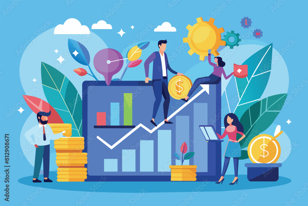 A group of people standing on a massive screen, showcasing an interactive business growth presentation, Business growth Customizable Flat Illustration A group of people standing on a massive screen, showcasing an interactive business growth presentation, Business growth Customizable Flat Illustration