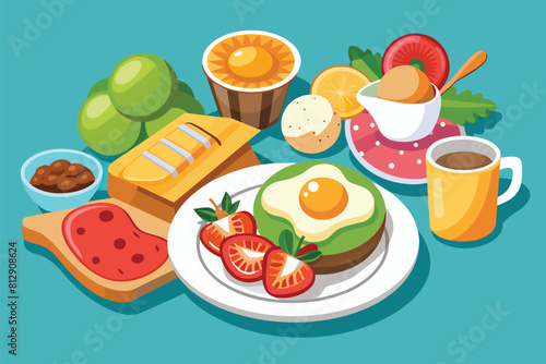 A plate of food and a cup of coffee arranged on a table, Brunch food Customizable Semi Flat Illustration
