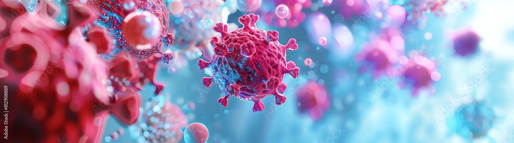 3D render of an abstract background with colorful red and pink colored microbe cells in closeup view, with a light blue colored background. In the center is an indigotinged circular cell surrounded by 3D render of an abstract background with colorful red and pink colored microbe cells in closeup view, with a light blue colored background. In the center is an indigotinged circular cell surrounded by
