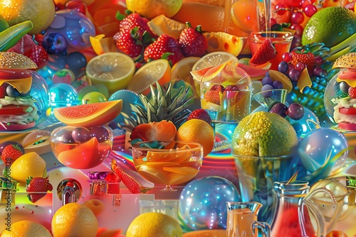 Explore the intersection of futuristic culinary gadgets and vibrant food displays from a low-angle perspective