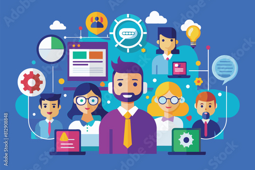 Diverse group of individuals standing together, facing forward, against a solid blue backdrop, Business support Customizable Flat Illustration