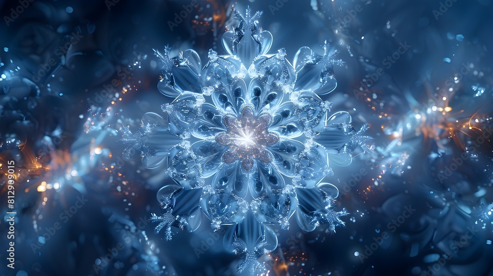 Obraz premium Elegant Deconstructed Snowflake Design in Frosty Blues and Silvers with Dynamic Tessellating Polygons on Plain Background with Lighting Effects