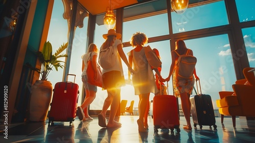 Young group of tourists with suitcases arriving at youth hostel guest house Happy friends enjoying summer vacation together Millenial people doing checkin at hotel lobby Summertime : Generative AI