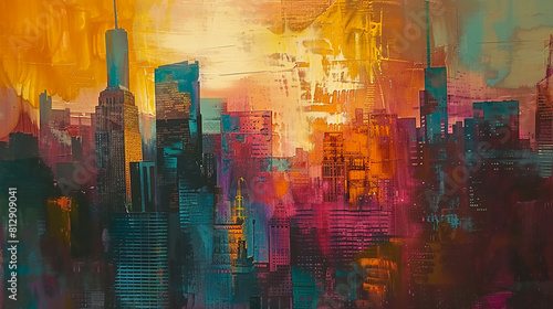 A colorful cityscape with a lot of buildings and a lot of oil paint splatters