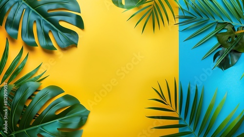 Creative layout made of colorful tropical leaves on yellow and blue background Minimal summer exotic concept with copy space Border arrangement   Generative AI