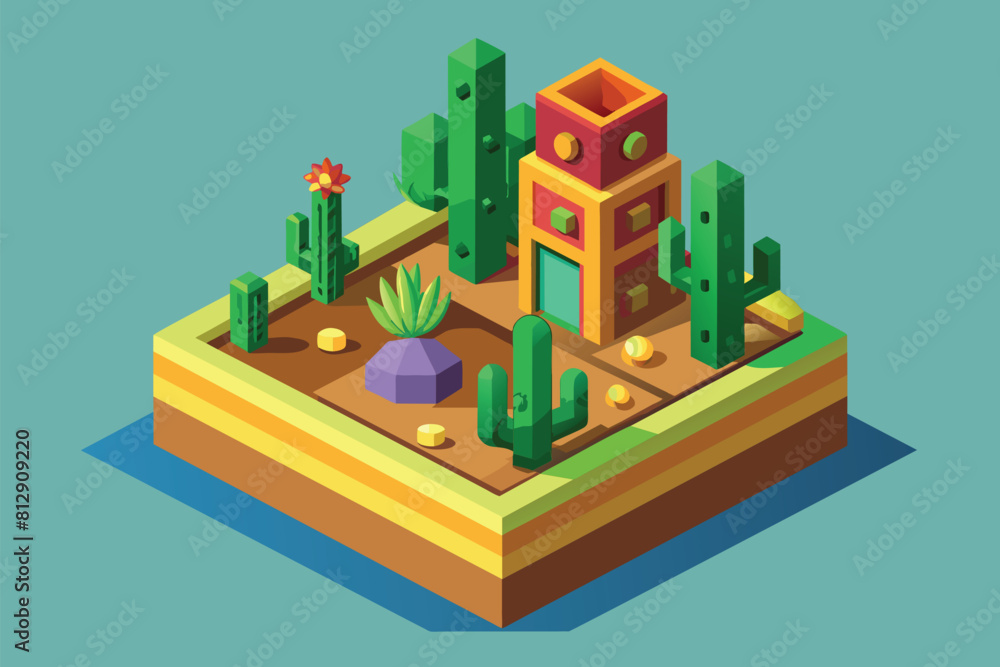 Low polygonal illustration of a house surrounded by cacti in a desert landscape, Cactus Customizable Isometric Illustration Low polygonal illustration of a house surrounded by cacti in a desert landscape, Cactus Customizable Isometric Illustration
