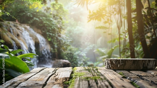 Waterfall with empty table top old wood podium outdoor in tropical forest greenery blurred backgroundOrganic healthy natural product present placement pedestal counter displaynature ju   Generative AI