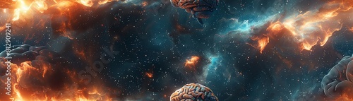 Illustrate the merging of a human brain with a celestial nebula in a visually stunning fusion of psychological depth and cosmic wonder Experiment with a birds-eye view combined wit photo