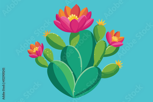 A cactus with colorful flowers against a blue backdrop  Cactus flower Customizable Disproportionate Illustration