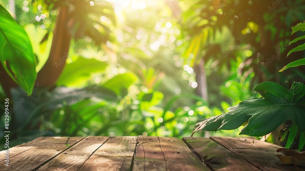 Obraz premium Wood tabletop podium floor in outdoors tropical garden forest blurred green leaf plant nature backgroundNatural product placement pedestal stand displayjungle paradise concept : Generative AI